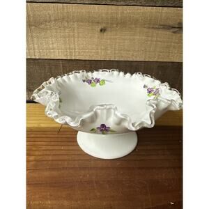 Vtg Ruffled Fenton Style Hand Painted Violets Pedestal Bowl Signed by Artist